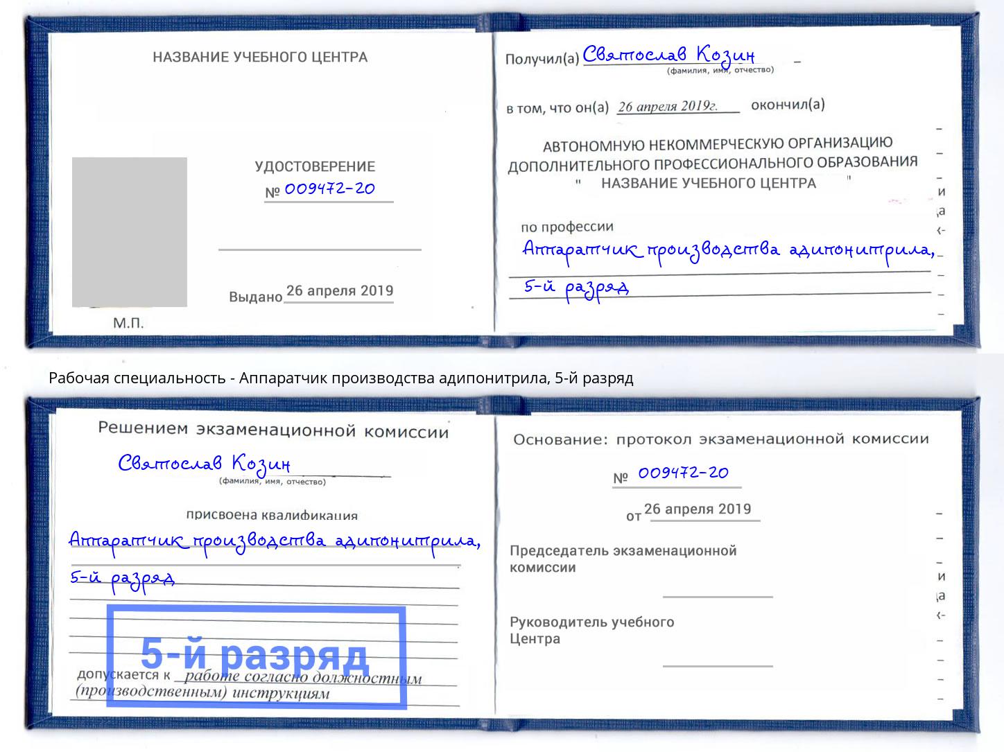 корочка 5-й разряд Аппаратчик производства адипонитрила Алатырь