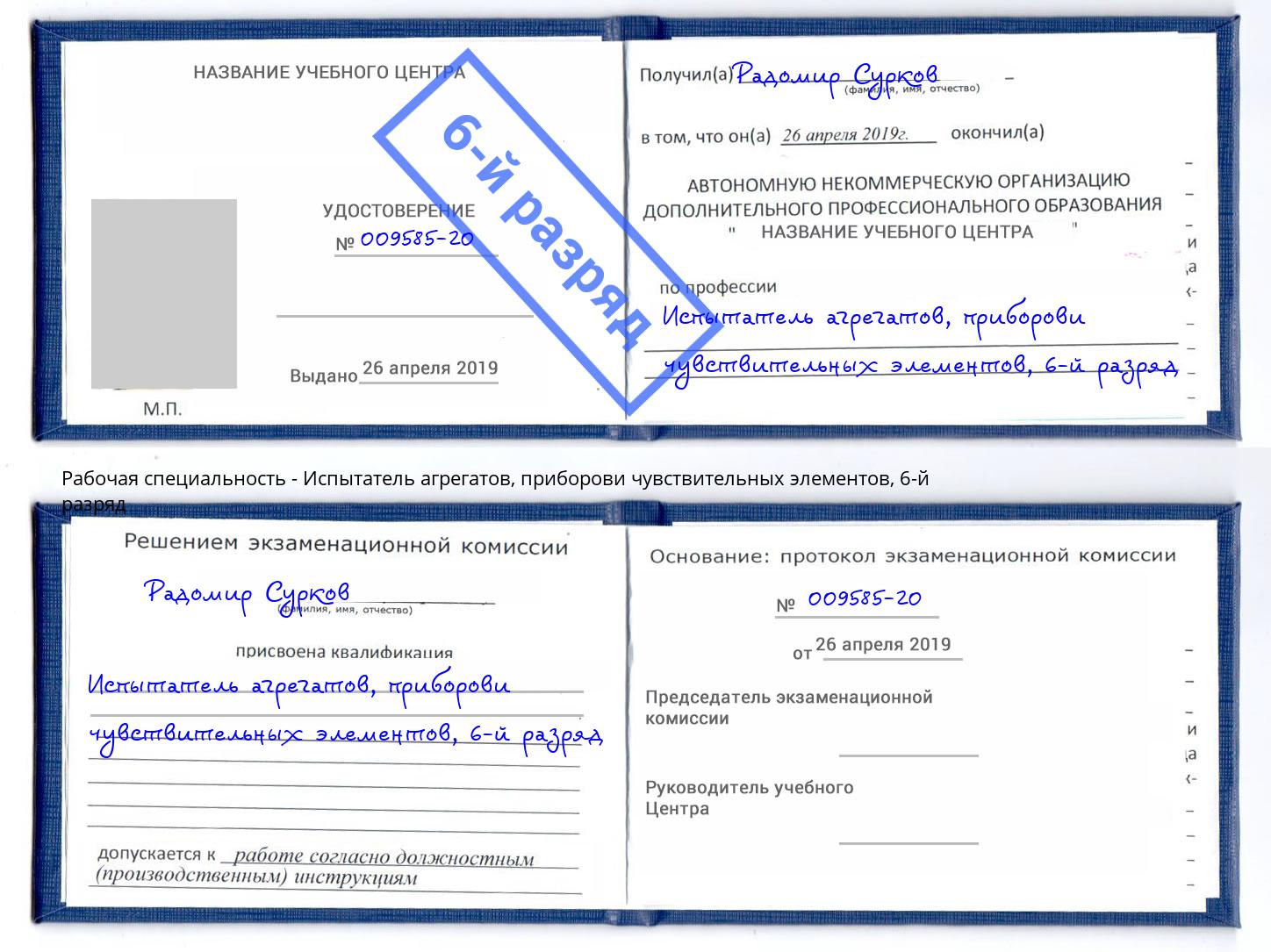 корочка 6-й разряд Испытатель агрегатов, приборови чувствительных элементов Алатырь