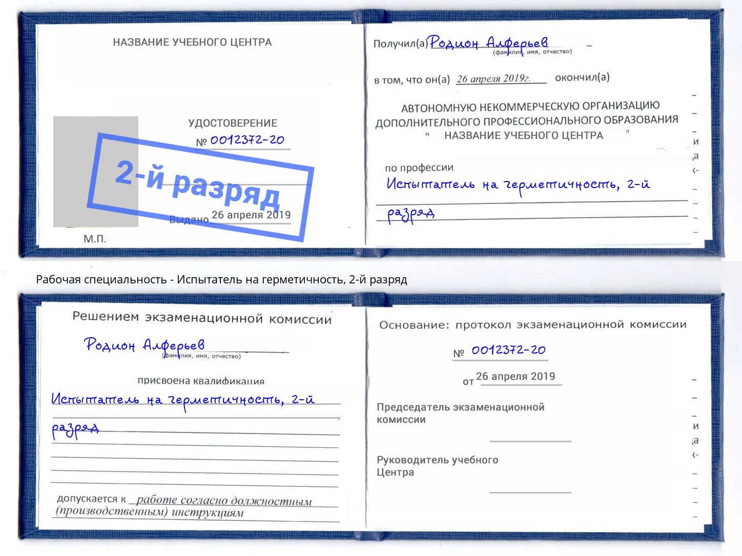 корочка 2-й разряд Испытатель на герметичность Алатырь