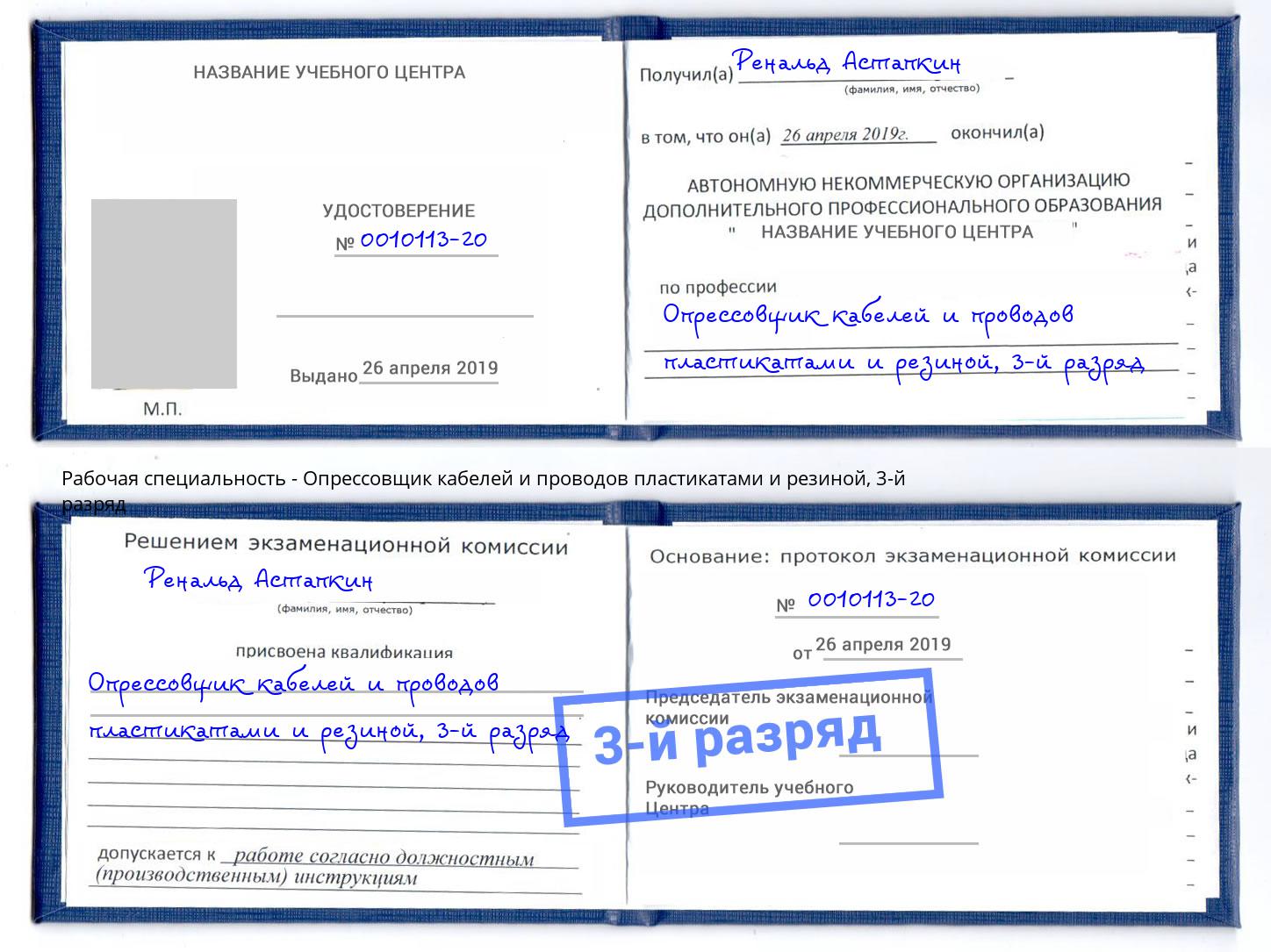 корочка 3-й разряд Опрессовщик кабелей и проводов пластикатами и резиной Алатырь