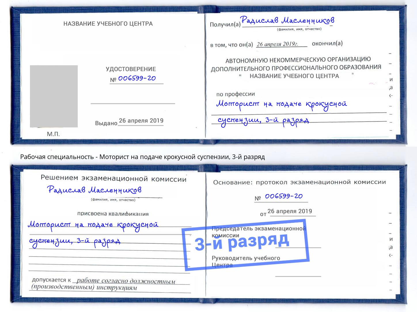 корочка 3-й разряд Моторист на подаче крокусной суспензии Алатырь