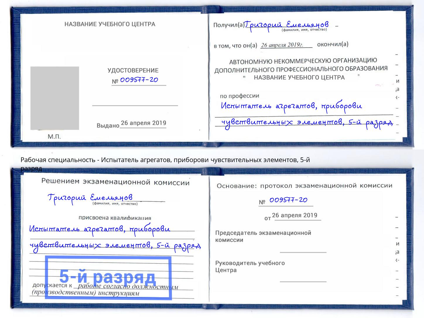 корочка 5-й разряд Испытатель агрегатов, приборови чувствительных элементов Алатырь