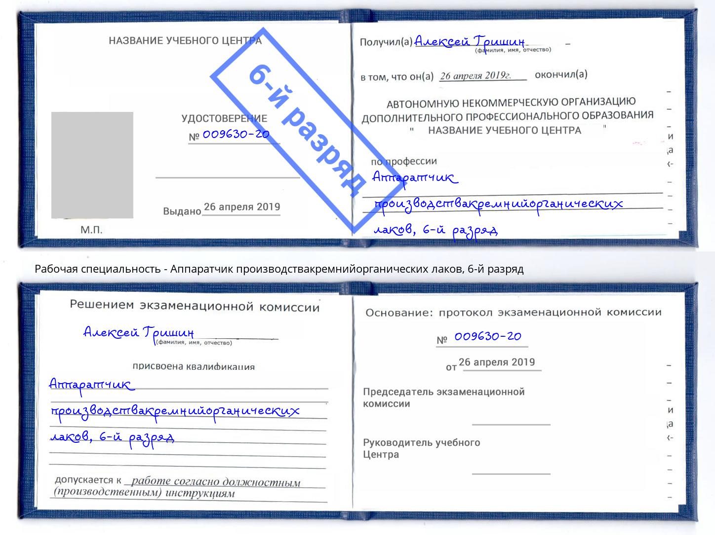 корочка 6-й разряд Аппаратчик производствакремнийорганических лаков Алатырь