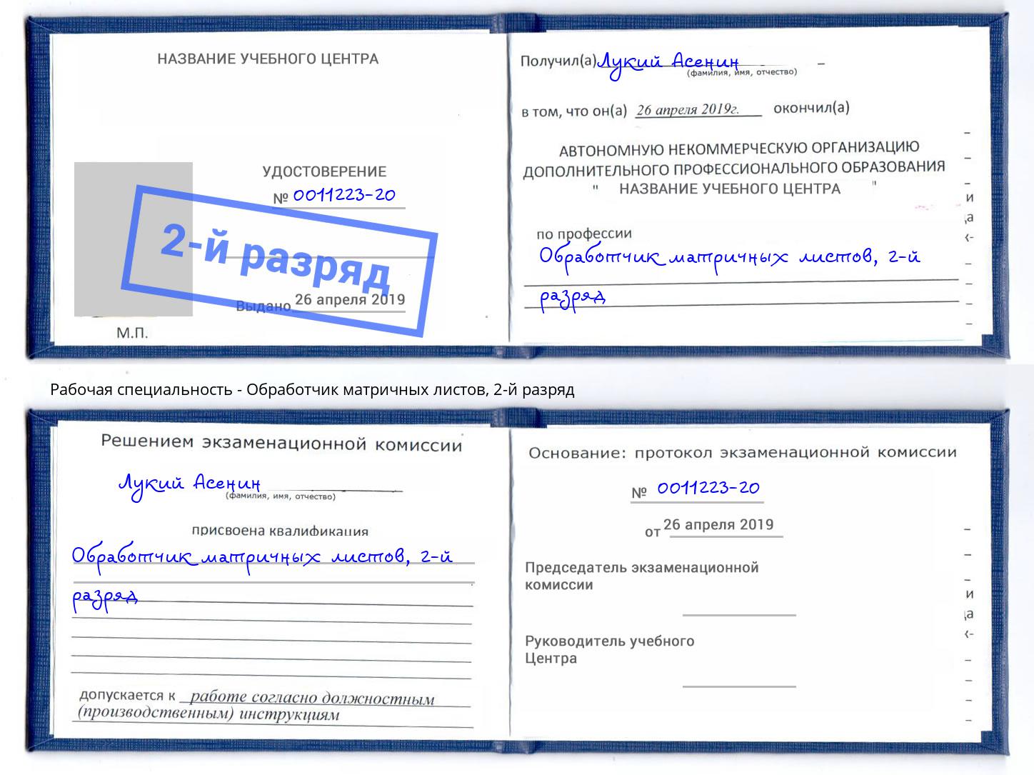 корочка 2-й разряд Обработчик матричных листов Алатырь