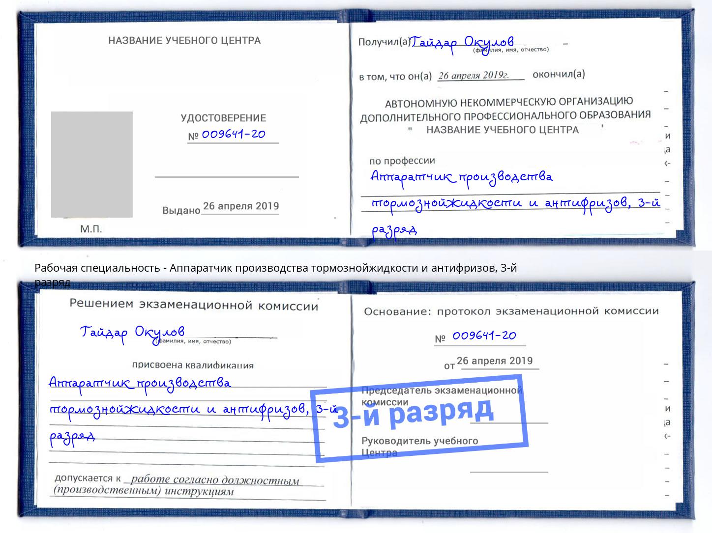 корочка 3-й разряд Аппаратчик производства тормознойжидкости и антифризов Алатырь