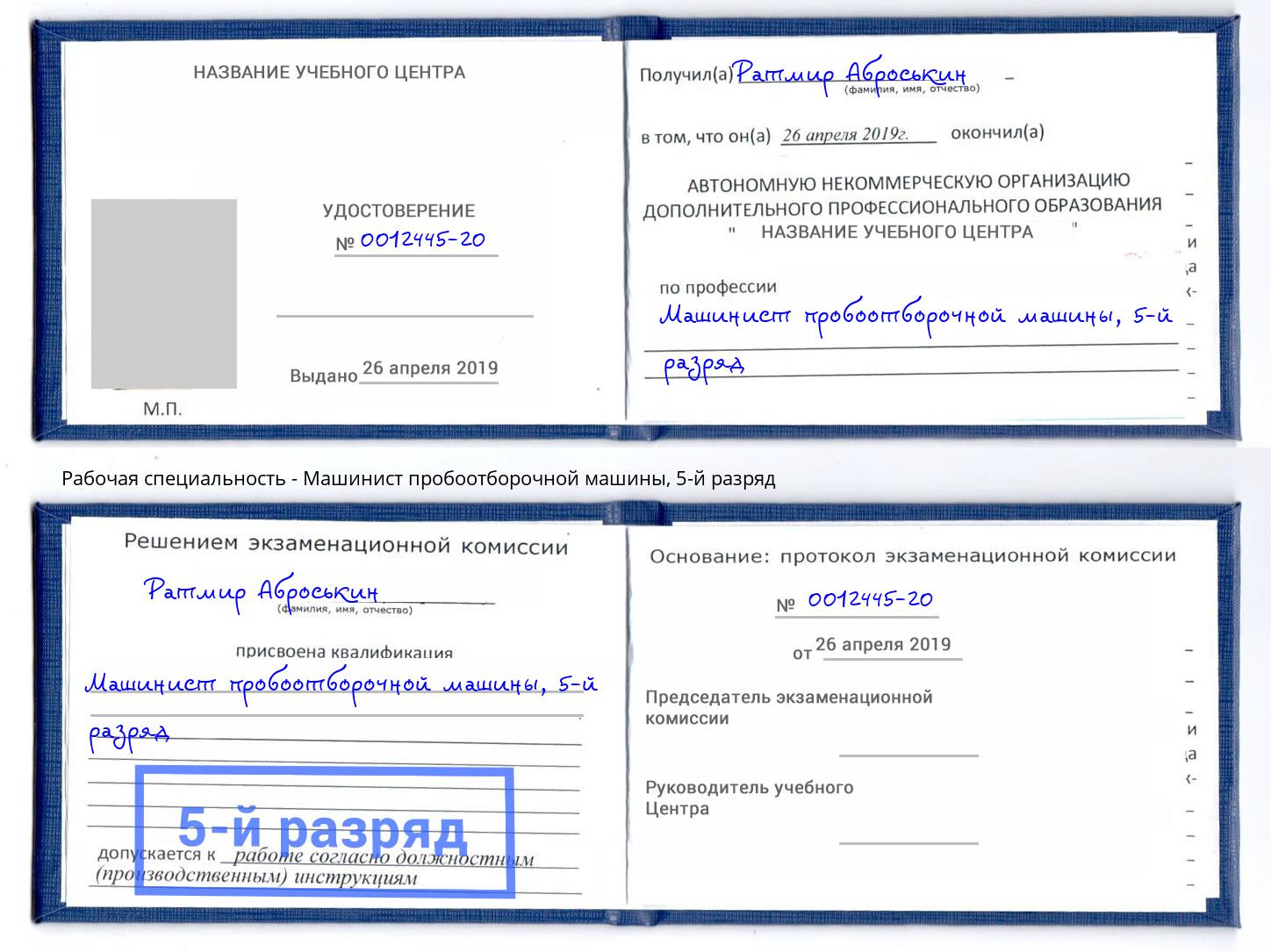 корочка 5-й разряд Машинист пробоотборочной машины Алатырь