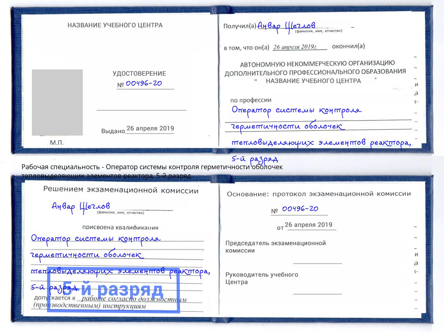 корочка 5-й разряд Оператор системы контроля герметичности оболочек тепловыделяющих элементов реактора Алатырь