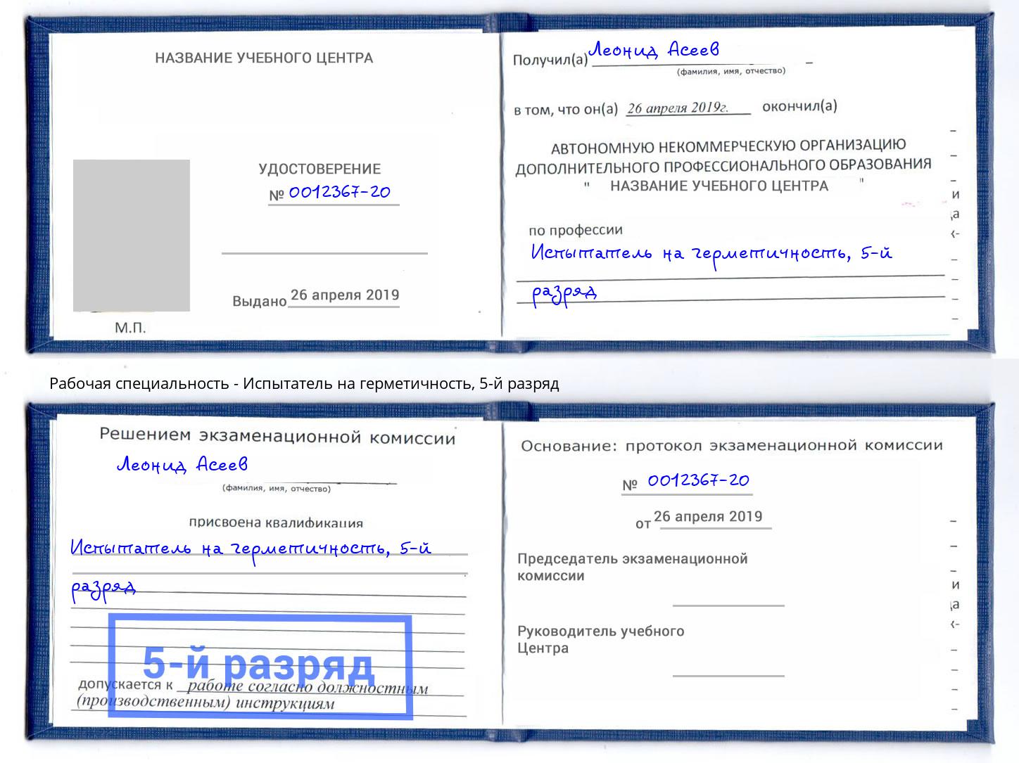 корочка 5-й разряд Испытатель на герметичность Алатырь