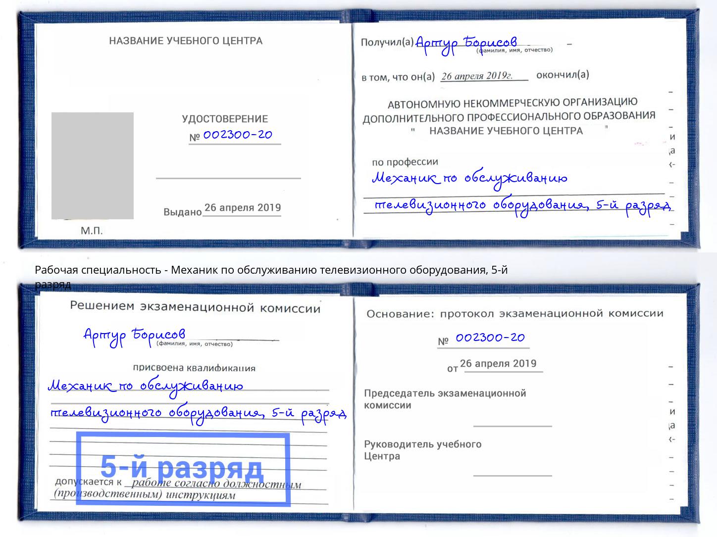 корочка 5-й разряд Механик по обслуживанию телевизионного оборудования Алатырь