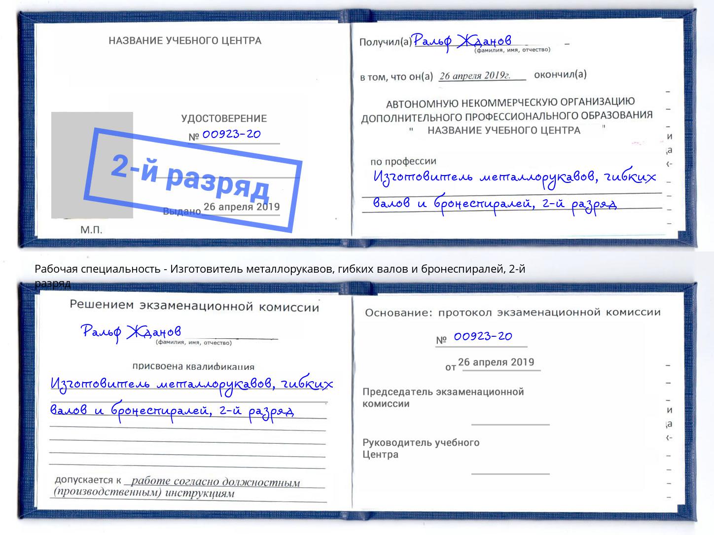 корочка 2-й разряд Изготовитель металлорукавов, гибких валов и бронеспиралей Алатырь